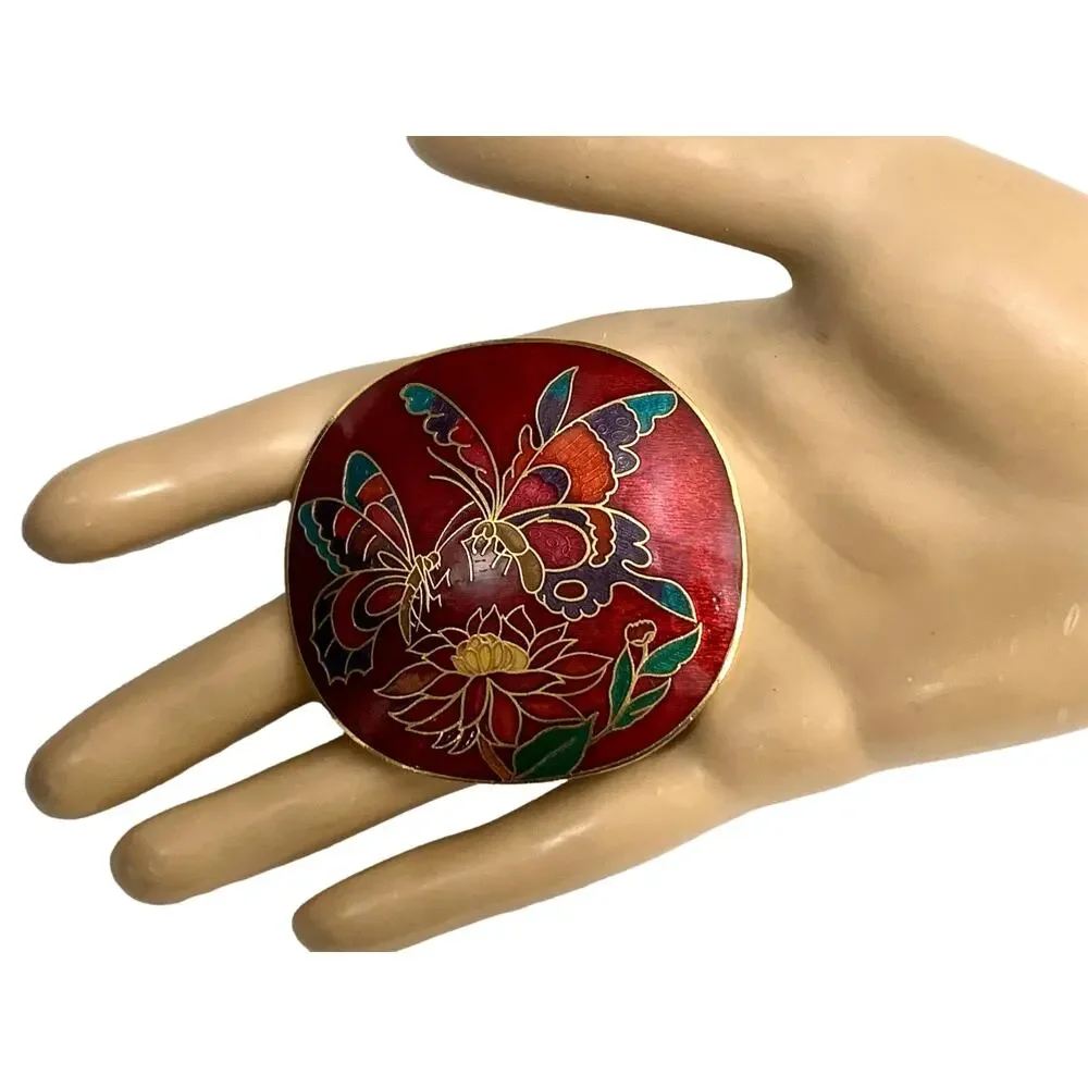 70s Cloisonné Belt Buckle | Red and Gold Butterfly & Flowers | 2.25